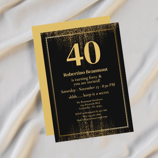 Invitation Black Gold Border Glitter Modern 40th Birthday