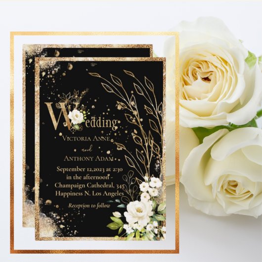 Invitation Black Gold Botanical Floral Rustic Mariage