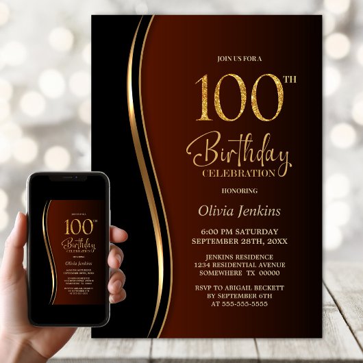 Invitation Black Gold Burnt Orange 100e fête d'anniversaire