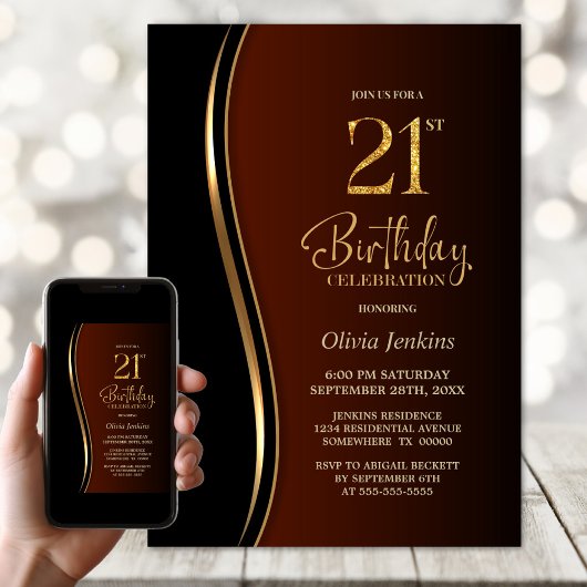 Invitation Black Gold Burnt Orange 21ème anniversaire fête