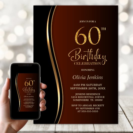 Invitation Black Gold Burnt Orange 60e fête d'anniversaire