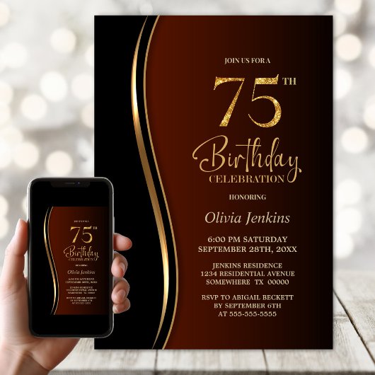 Invitation Black Gold Burnt Orange 75e anniversaire