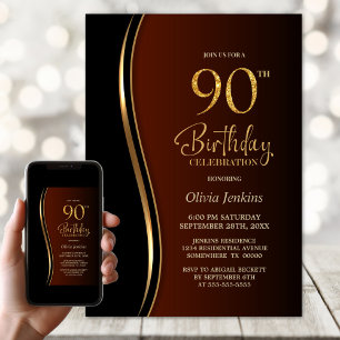 Invitation Black Gold Burnt Orange 90e fête d'anniversaire
