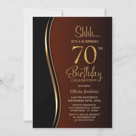 Invitation Black Gold Burnt Orange Surprise 70e anniversaire (Devant)