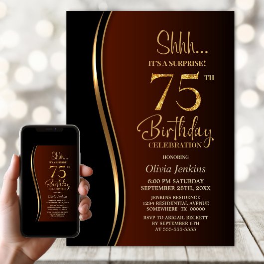 Invitation Black Gold Burnt Orange Surprise 75e anniversaire