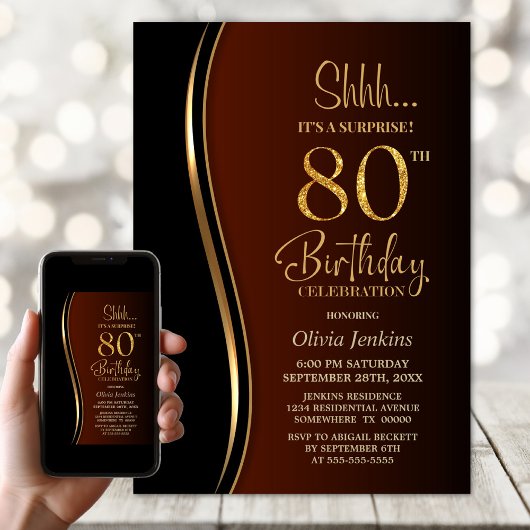 Invitation Black Gold Burnt Orange Surprise 80e anniversaire