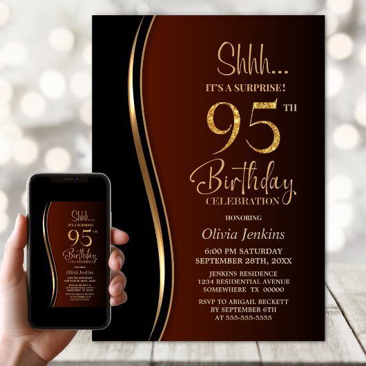 Invitation Black Gold Burnt Orange Surprise 95e anniversaire
