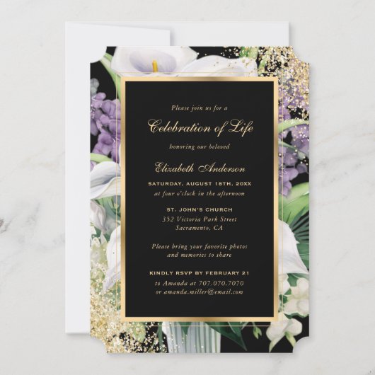 Invitation Black Gold Calla Lilies Photo Célébration de la vi (Devant)