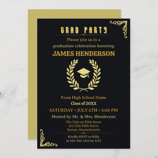 Invitation Black Gold Calligraphy Graduation Party 2025 (Devant / Derrière)