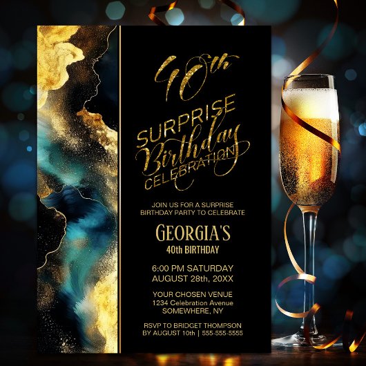 Invitation Black Gold Celestial Surprise 40e fête d'anniversa