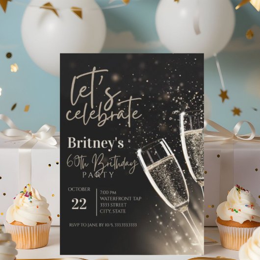 Invitation Black Gold Champagne 60e fête d'anniversaire