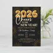 Invitation Black Gold Champagne Cheers New Years Eve Party (Debout devant)