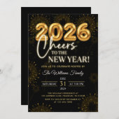 Invitation Black Gold Champagne Cheers New Years Eve Party (Devant / Derrière)