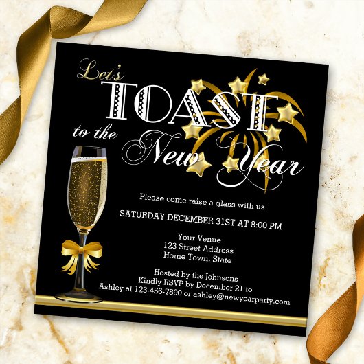 Invitation Black Gold Champagne Nouvel An Réveillon Invitatio