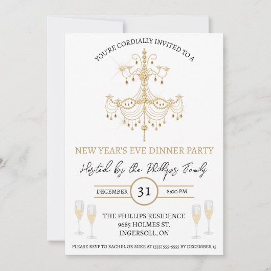 Invitation Black & Gold, Champagne, Soirée du Nouvel An (Devant)