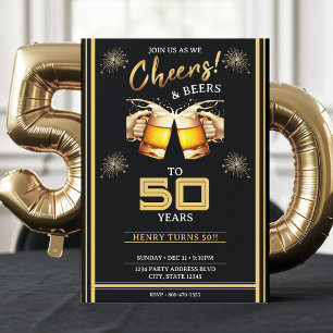 Invitation Black & Gold Cheers & Beers 50 ans 50e anniversair