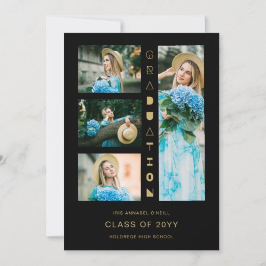 Invitation Black Gold Chic 4 Multi-Photos Funny Script Invita (Devant)