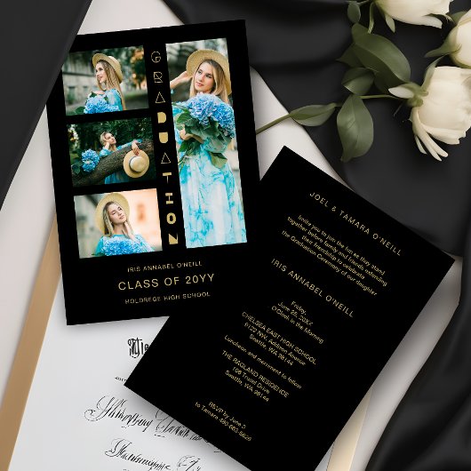 Invitation Black Gold Chic 4 Multi-Photos Funny Script Invita