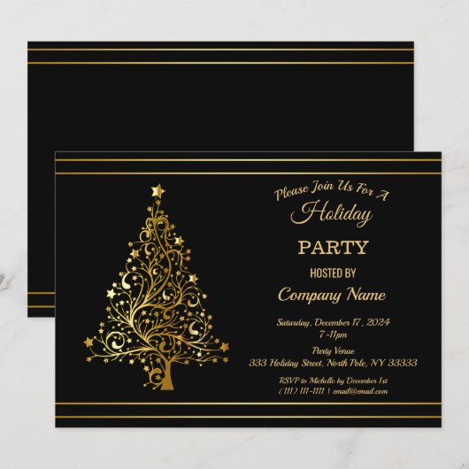 Invitation Black Gold Christmas Tree Corporate Holiday Party  (Devant / Derrière)