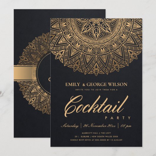 INVITATION BLACK GOLD CLASSIQUE ORNATE MANDALA COCKTAIL PARTI (Devant / Derrière)
