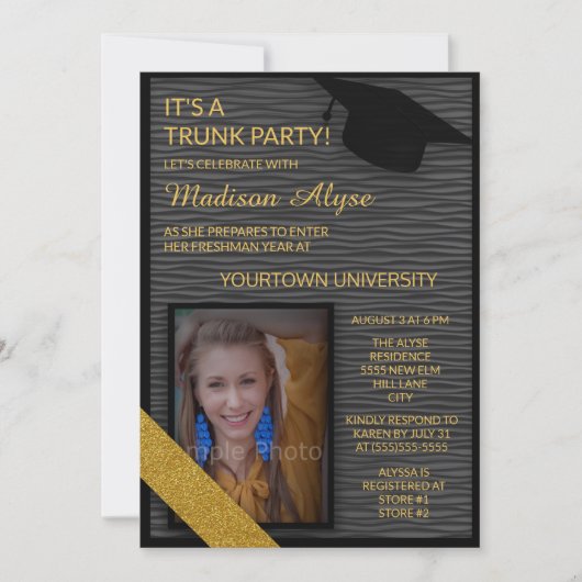 Invitation Black Gold College Trunk Party Dorm Shower Invitat (Devant)