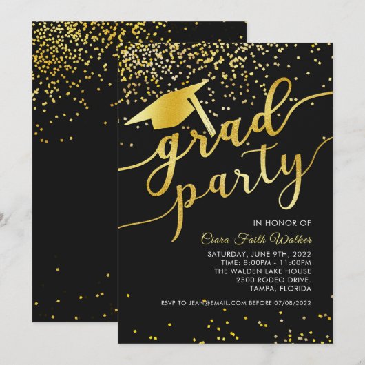 Invitation Black Gold Confetti Graduation Party (Devant / Derrière)