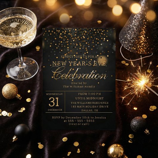 Invitation Black & Gold Confetti New Year's Eve Party