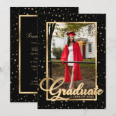 Invitation Black Gold Confetti Photo Graduation Party (Devant / Derrière)