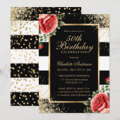 Invitation Black Gold Confetti Red Roses 50e anniversaire (Devant / Derrière)