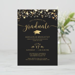 Invitation Black Gold Confetti Stars Graduation Party