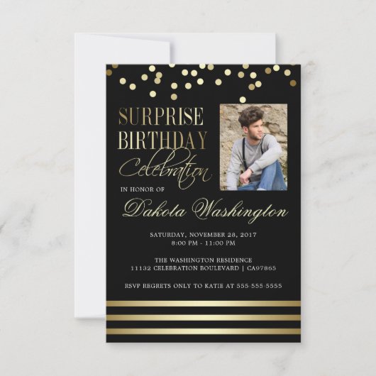 Invitation Black Gold Confetti Stripe Photo Surprise Annivers (Devant)