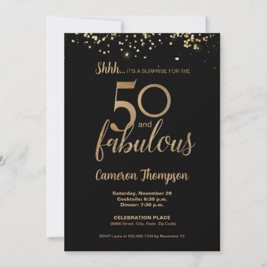 Invitation Black Gold Confetti Surprise 50 et fabuleux (Devant)