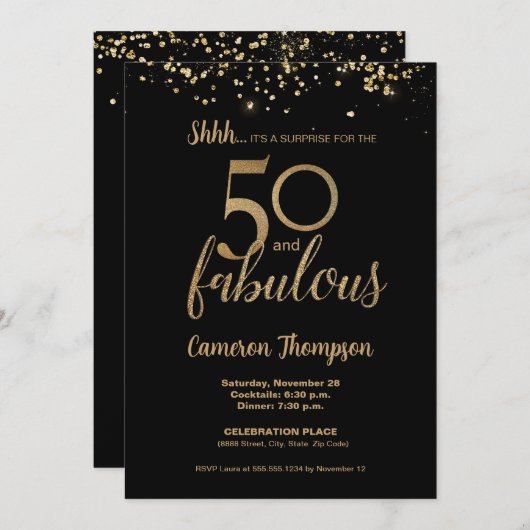 Invitation Black Gold Confetti Surprise 50 et fabuleux (Devant / Derrière)