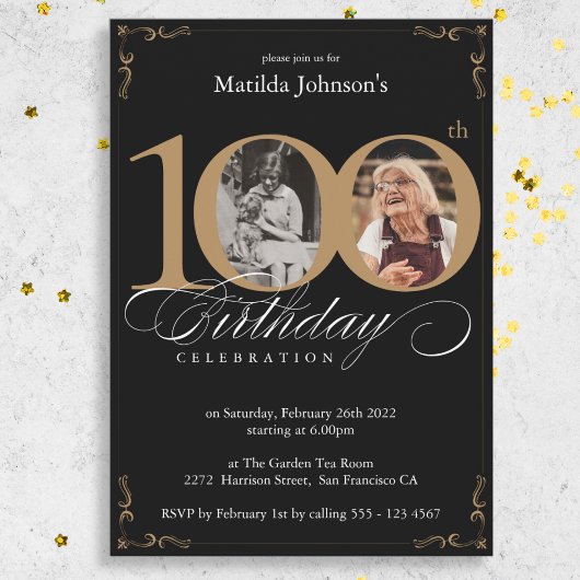 Invitation Black Gold Custom Photo 100th Birthday Party