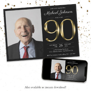 Invitation Black Gold Custom Photo 90th Birthday Party