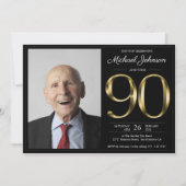 Invitation Black Gold Custom Photo 90th Birthday Party (Devant)