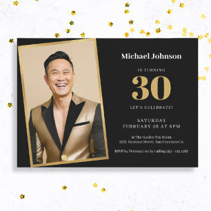 Invitation Black Gold Custom Photo Simple 30th Birthday Party