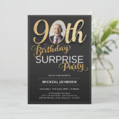 Invitation Black Gold Custom Photo Surprise 90e anniversaire (Debout devant)