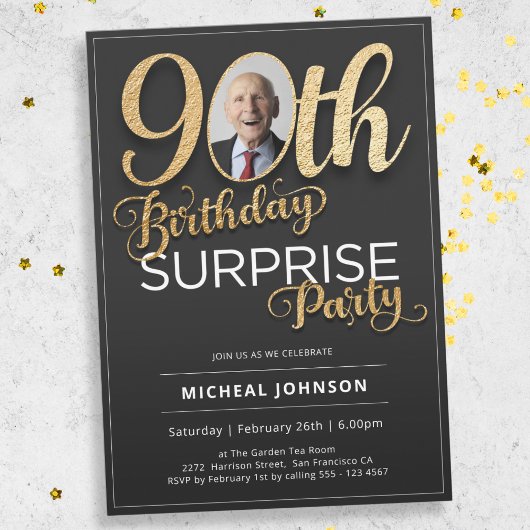 Invitation Black Gold Custom Photo Surprise 90e anniversaire