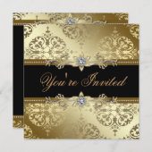 Invitation Black Gold Damask Black Cravate Party (Devant / Derrière)
