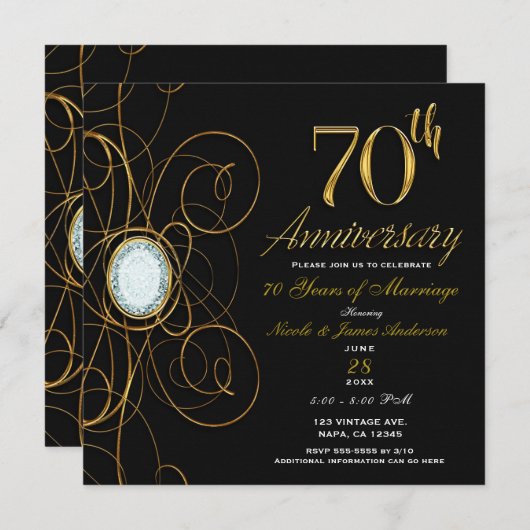 Invitation Black & Gold Diamond Chic 70 70e Anniversaire (Devant / Derrière)