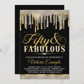 Invitation Black Gold Diamond Drip Fabuleux 50 Anniversaire (Devant / Derrière)