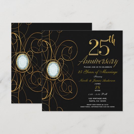 Invitation Black & Gold Diamond Élégant 25 25e anniversaire (Devant / Derrière)