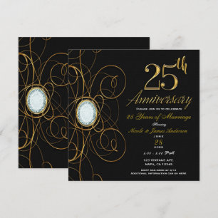 Invitation Black & Gold Diamond Élégant 25 25e anniversaire