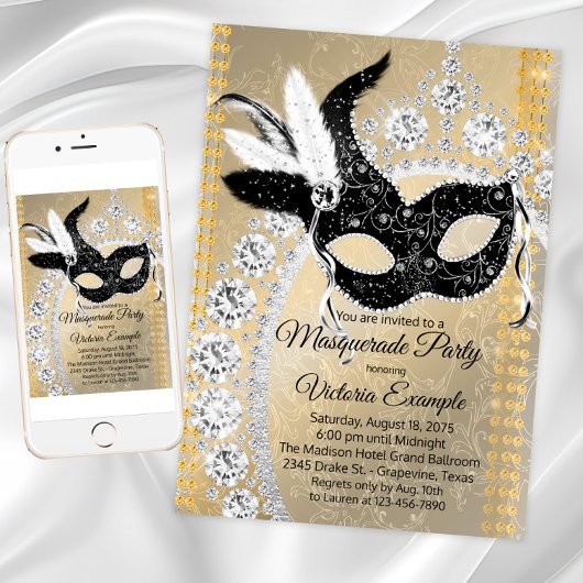 Invitation Black Gold Diamond Masquerade Anniversaire