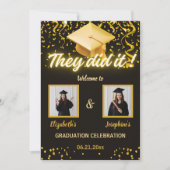 Invitation Black Gold Double Graduation Party Photo 2 personn (Devant)