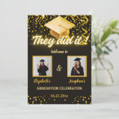 Invitation Black Gold Double Graduation Party Photo 2 personn (Debout devant)