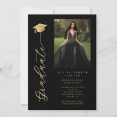 Invitation Black & Gold Dramatic Grad Cap Photo & Calligraphy (Devant)