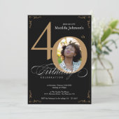 Invitation Black Gold Elegant Calligraphie Photo 40e annivers (Debout devant)
