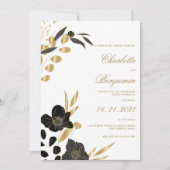 Invitation Black gold elegant luxury foliage floral wedding (Devant)